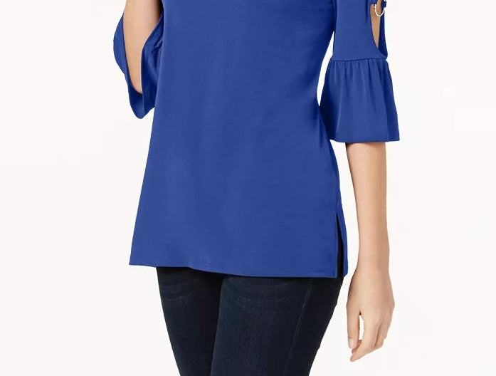JM Collection Women's Ring-Detailed Cutout Ruffle-Sleeved Top Blue Size X-Large