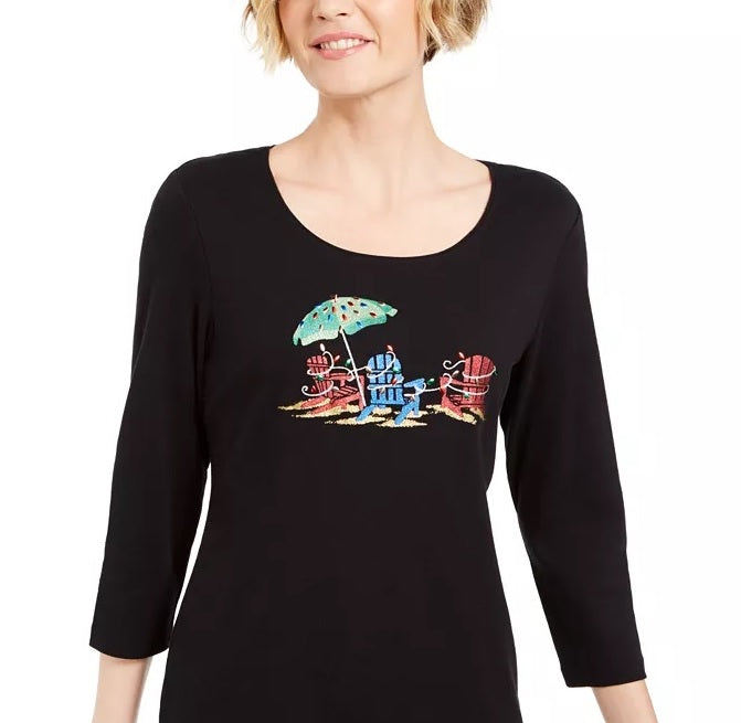 Karen Scott Women's Embellished 3/4-Sleeve Top Black Size Small