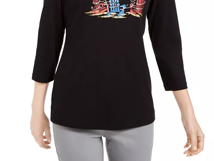 Karen Scott Women's Embellished 3/4-Sleeve Top Black Size Small
