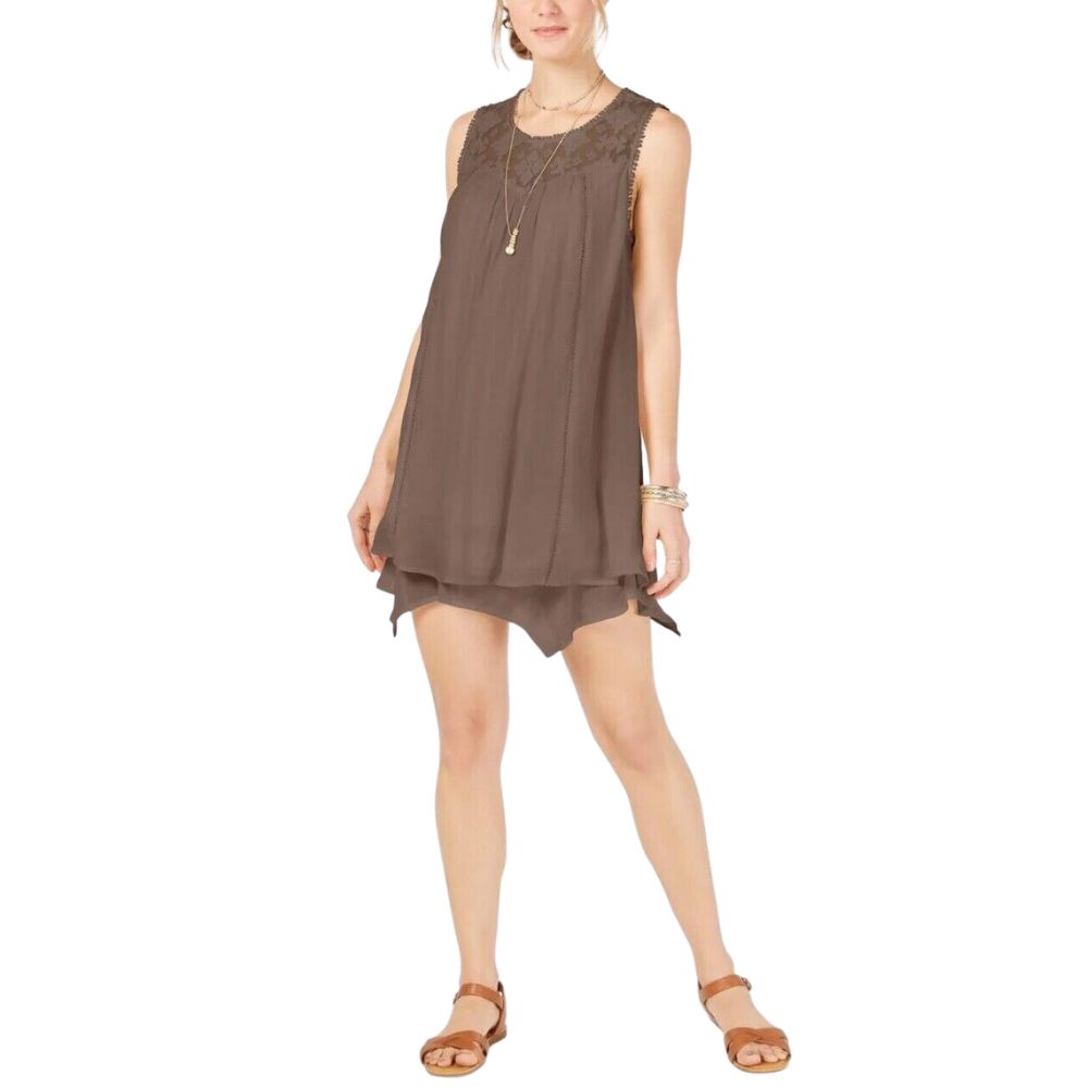 Style & Co Women's Lace-Yoke Handkerchief-Hem A-Line Dress Brown Size X-Large