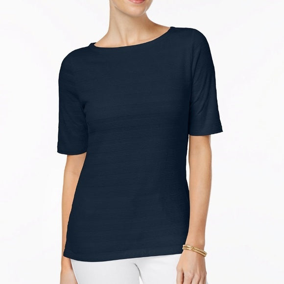 Charter Club Women's Cotton Texture-Striped Elbow-Sleeve Top Navy Size Small