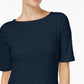 Charter Club Women's Cotton Texture-Striped Elbow-Sleeve Top Navy Size Small