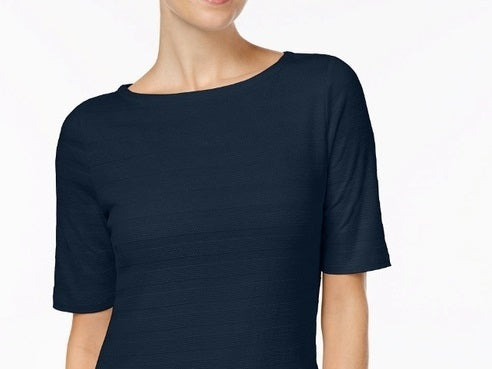 Charter Club Women's Cotton Texture-Striped Elbow-Sleeve Top Navy Size Small