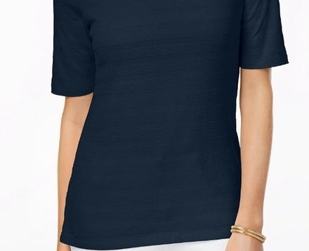 Charter Club Women's Cotton Texture-Striped Elbow-Sleeve Top Navy Size Small