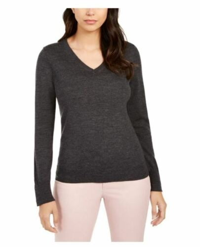 Charter Club Women's Button Cuff Merino Wool Sweater Gray Size Petite L