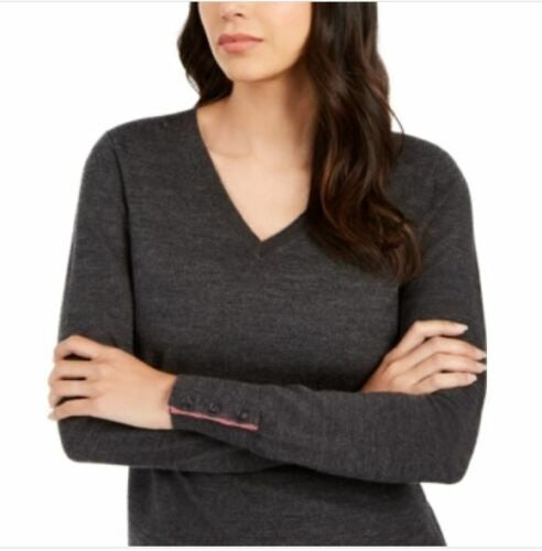Charter Club Women's Button Cuff Merino Wool Sweater Gray Size Petite L