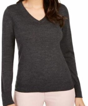 Charter Club Women's Button Cuff Merino Wool Sweater Gray Size Petite L