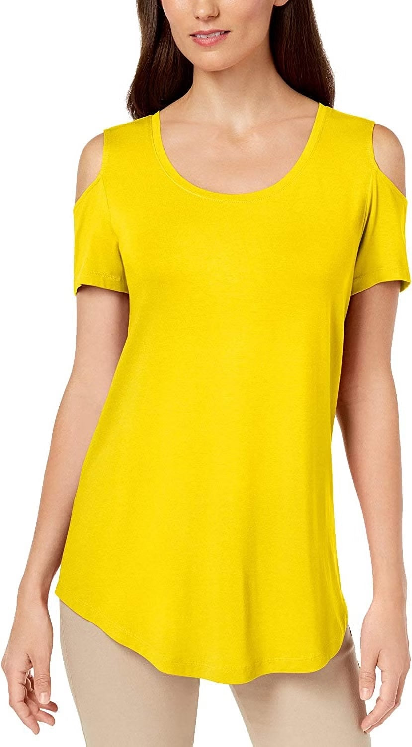 JM Collection Women's Cold Shoulder Top Yellow Size Petite L