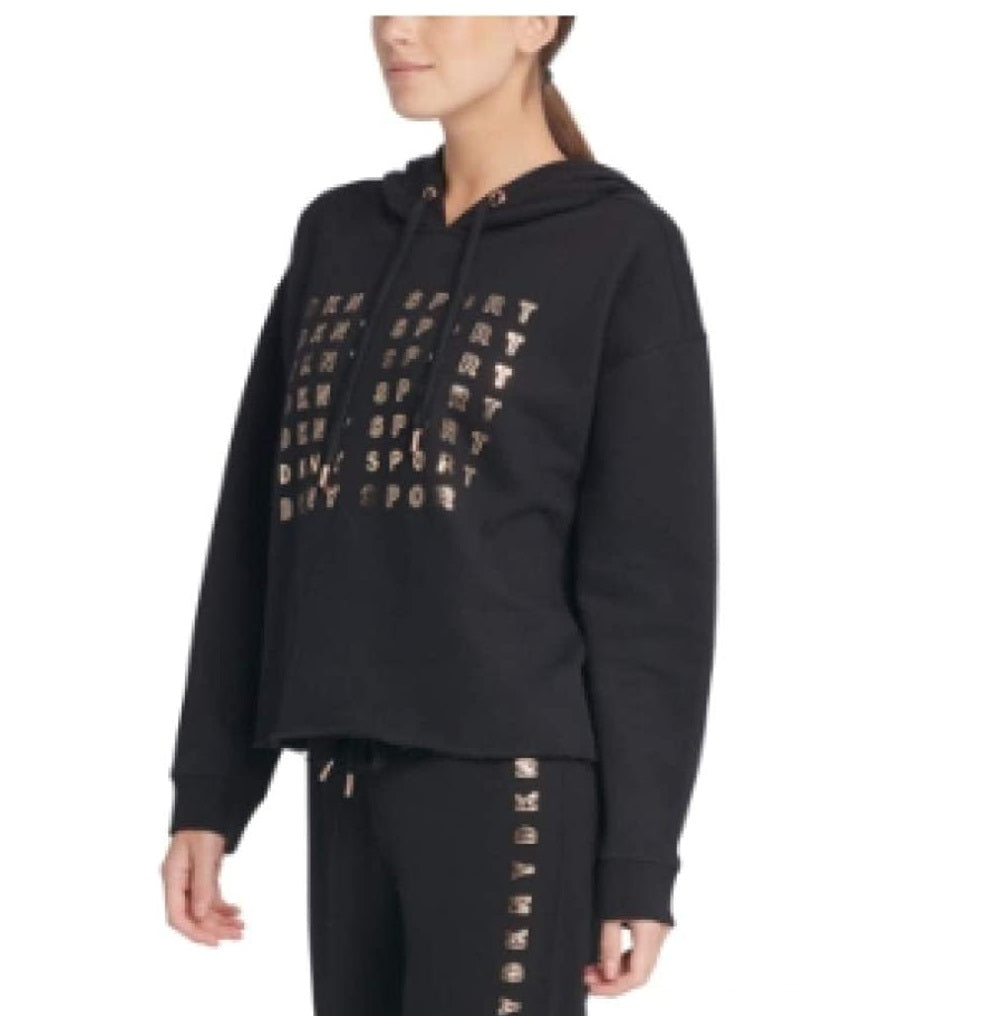 DKNY Women's Sport Metallic-Logo Cropped Hoodie Black Size Medium