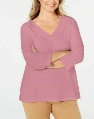 Karen Scott Women's Petite Eyelet V-Neck Cotton Top Pink Size -PS