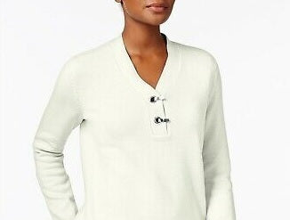 Karen Scott Women's Petite Cotton Henley Sweater White Size PS