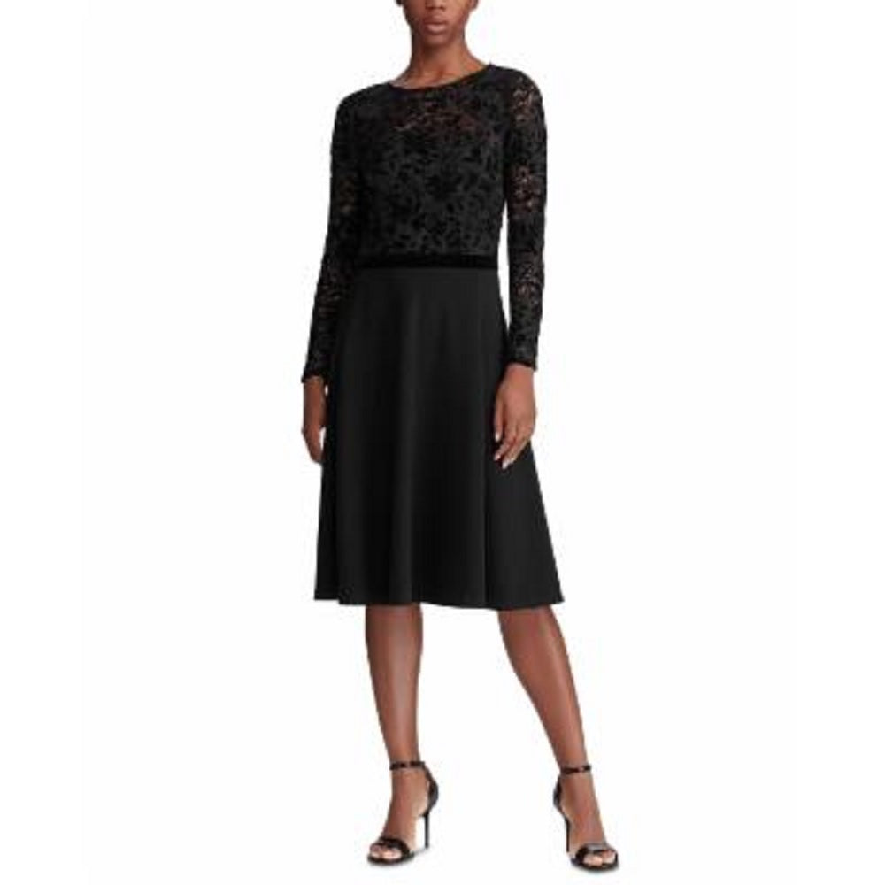 Ralph Lauren Women's Embroidered Lace Floral Long Sleeve Jewel Neck Below The Knee Fit Flare Wear To Work Dress Black Size 8