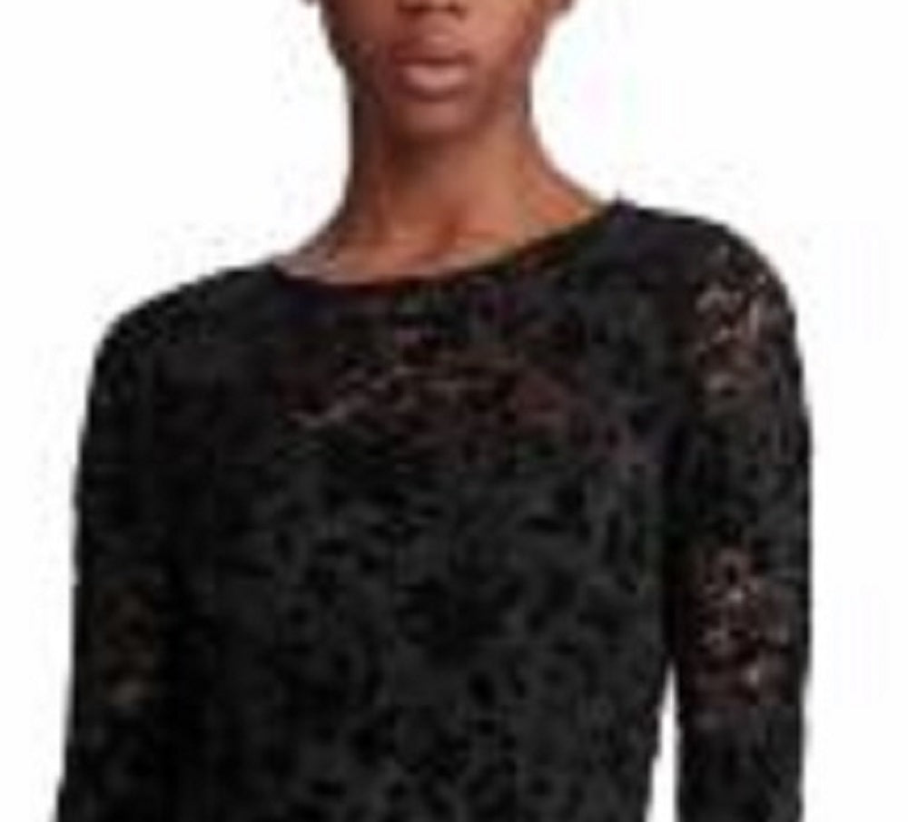 Ralph Lauren Women's Embroidered Lace Floral Long Sleeve Jewel Neck Below The Knee Fit Flare Wear To Work Dress Black Size 8