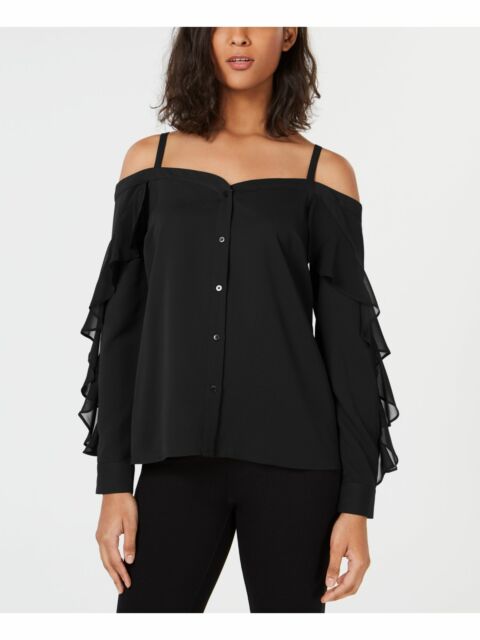 Bar III Women's Cold Shoulder Long Sleeve V Neck Top Black Size X-Small