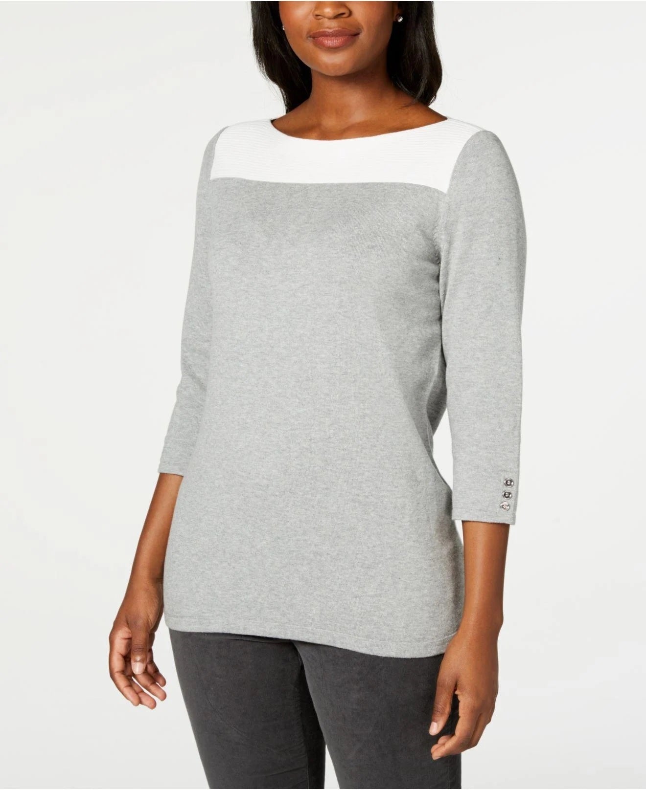 Karen Scott Women's Cotton Colorblocked Sweater Grey Size X-Large