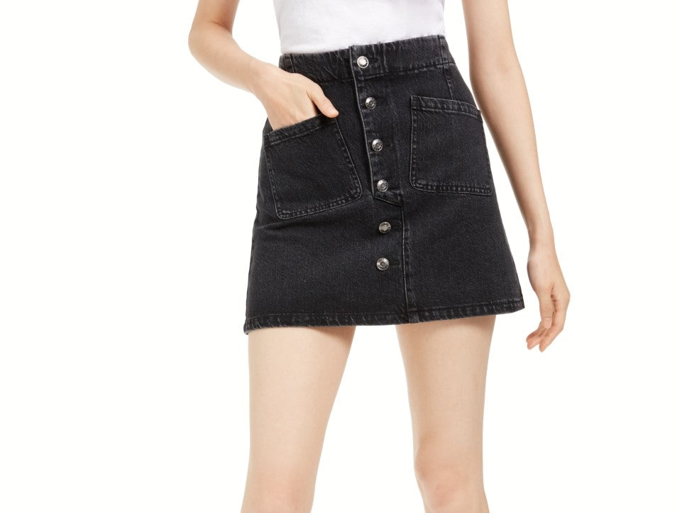Oat Women's Denim Button Fly Mini Skirt Black Size -25