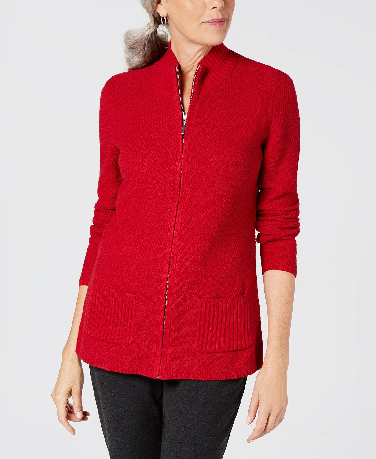 Karen Scott Women's Long Sleeve Zip Front Sweater Red Size Petite Petite