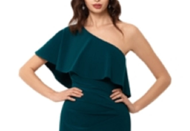 Xscape Women's Teal Ruffled Sleeveless Asymmetrical Neckline Below The Knee Body Con Cocktail Dress Green Size 12 Petite