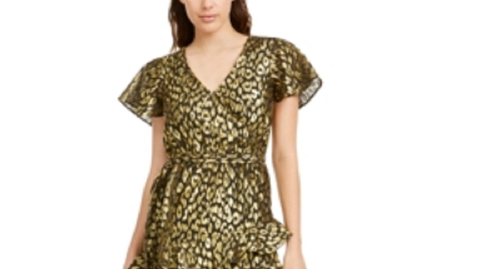 Kendall + Kylie Women's Metallic Surplice Cocktail Dress Golden/Black Size 12-14