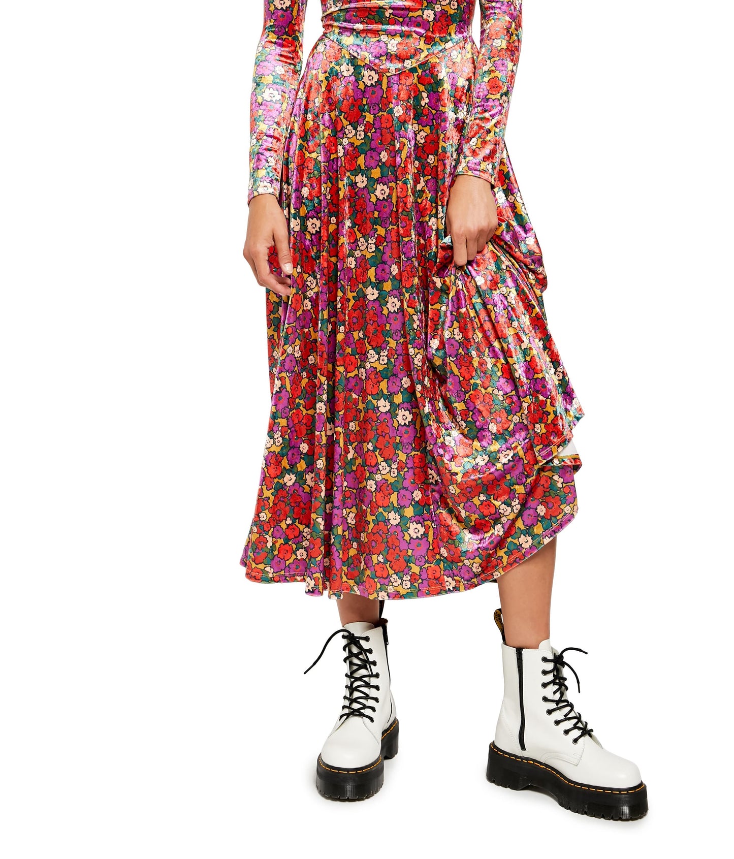 Free People Women's Heartland Velvet Floral Print Midi Dress Red Size Large