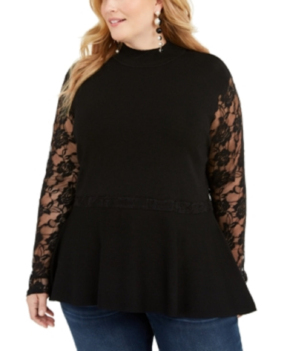 INC International Concepts Women's Lace Detail Peplum Blouse Black Size 0X
