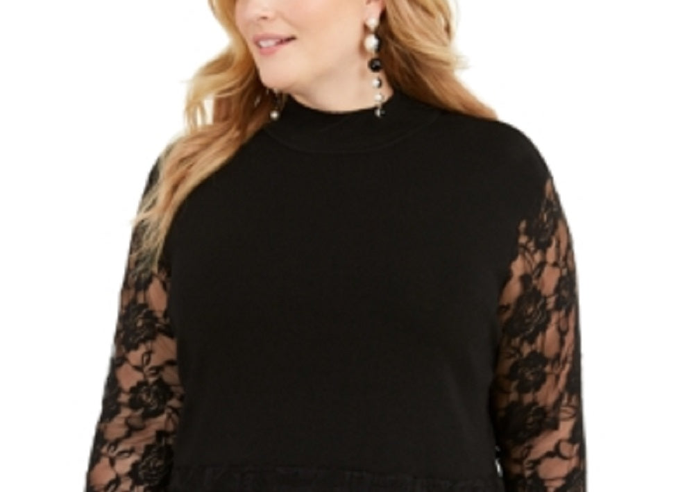 INC International Concepts Women's Lace Detail Peplum Blouse Black Size 0X