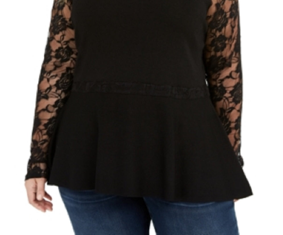 INC International Concepts Women's Lace Detail Peplum Blouse Black Size 0X