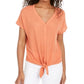 Pink Rose Women's Tie Solid Short Sleeve V Neck T-Shirt Top Orange Size Medium