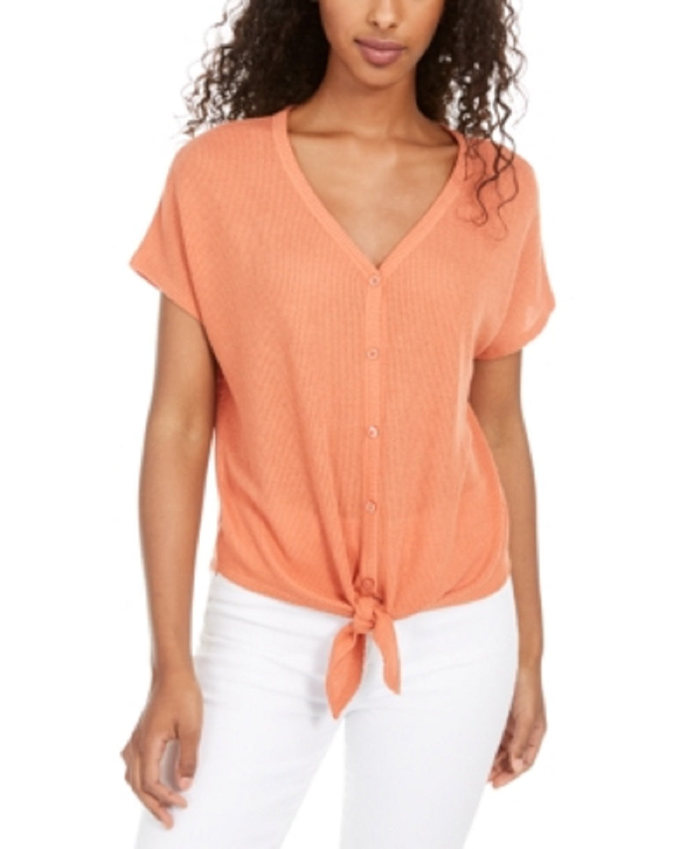 Pink Rose Women's Tie Solid Short Sleeve V Neck T-Shirt Top Orange Size Medium