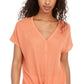Pink Rose Women's Tie Solid Short Sleeve V Neck T-Shirt Top Orange Size Medium