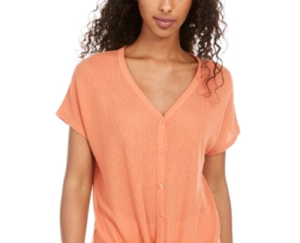 Pink Rose Women's Tie Solid Short Sleeve V Neck T-Shirt Top Orange Size Medium