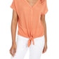 Pink Rose Women's Tie Solid Short Sleeve V Neck T-Shirt Top Orange Size Medium