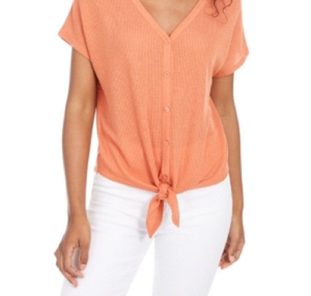 Pink Rose Women's Tie Solid Short Sleeve V Neck T-Shirt Top Orange Size Medium