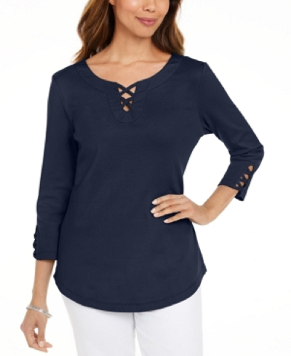 Karen Scott Women's Cotton Lace Up T-Shirt Blue Size X-Small