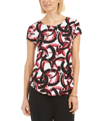 Alfani Women's Printed Round Hem T-Shirt Red Size P/SM