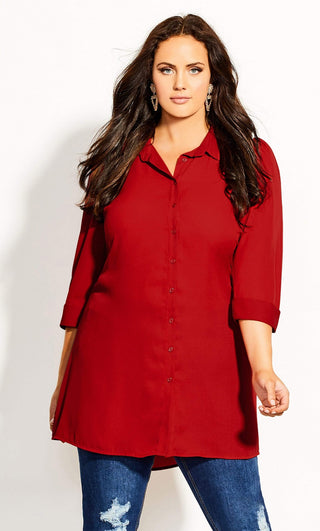 City Chic Women's Dynamic Collared Button Down Tunic Top Red Size Petite Small