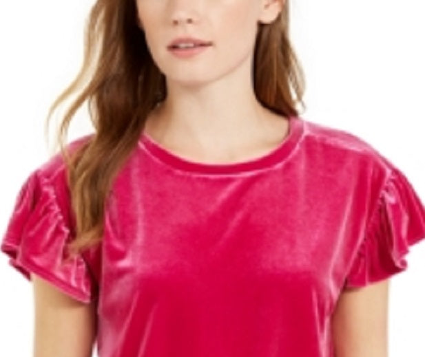 Maison Jules Women's Velvet Solid Short Sleeve Crew Neck Top Purple Size Medium