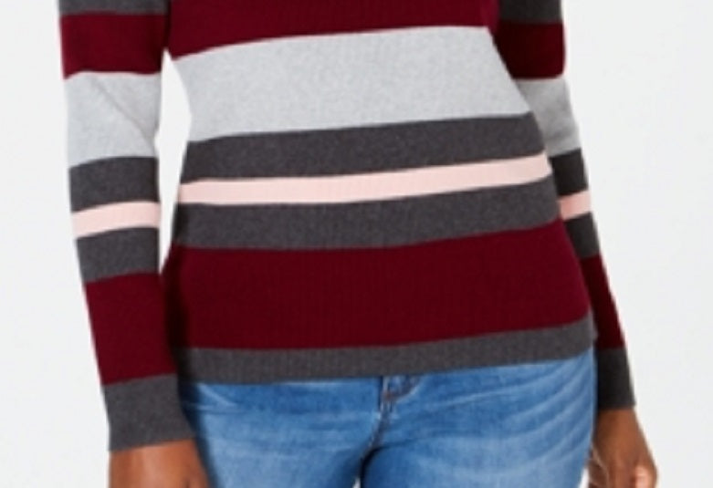 Karen Scott Women's Striped Mock Neck Cotton Sweater Red Size Large