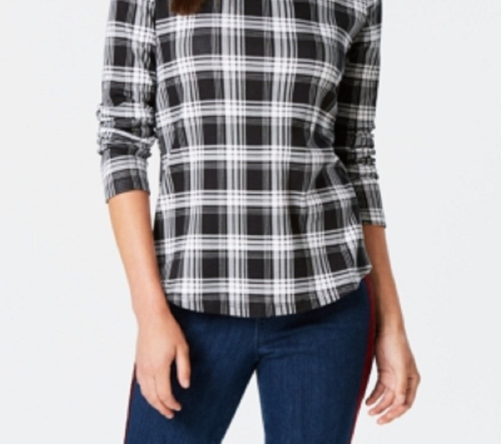 Charter Club Women's Cotton Plaid Top Black Size XX-Large
