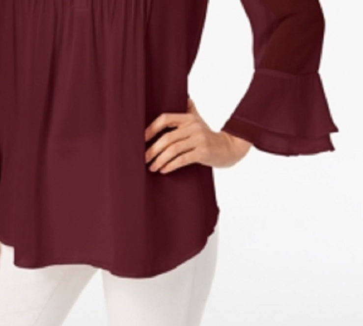 Charter Club Women's Double Ruffle Solid Pintuck Top Red Size Large