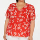 Calvin Klein Women's Floral Print V Neck Blouse Red 0X