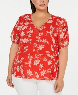 Calvin Klein Women's Floral Print V Neck Blouse Red 0X