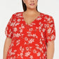 Calvin Klein Women's Floral Print V Neck Blouse Red 0X