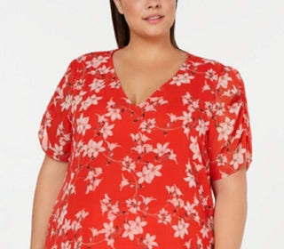 Calvin Klein Women's Floral Print V Neck Blouse Red 0X