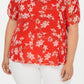 Calvin Klein Women's Floral Print V Neck Blouse Red 0X