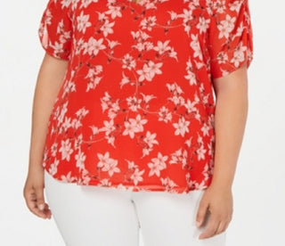 Calvin Klein Women's Floral Print V Neck Blouse Red 0X