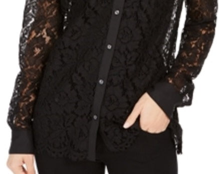 Charter Club Women's Lace Button Up Shirt Deep Black Size Petite XL
