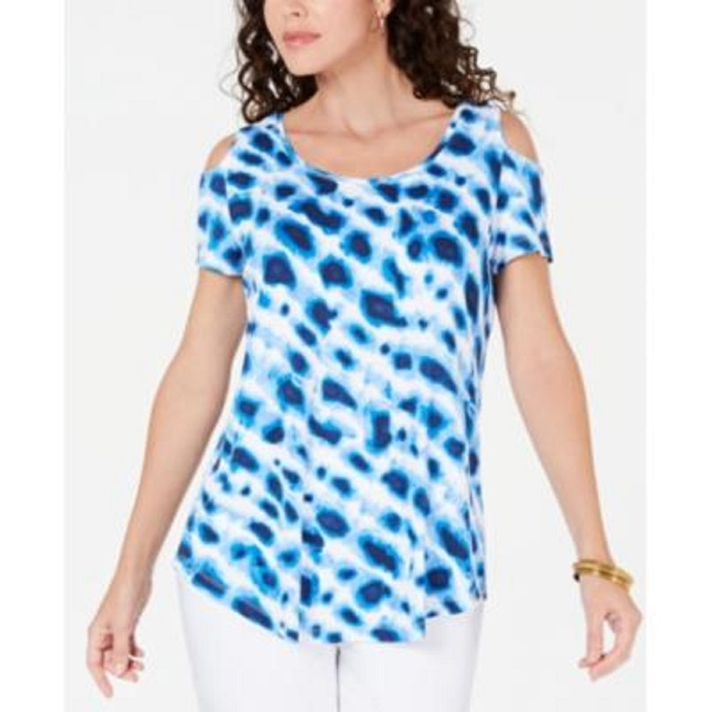 JM Collection Women's Printed Cold Shoulder Top Blue Size Petite L