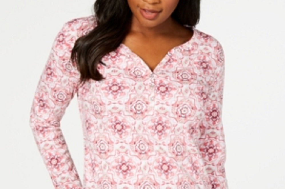 Karen Scott Women's 3/4 Sleeve Printed Henley Pink Size Small