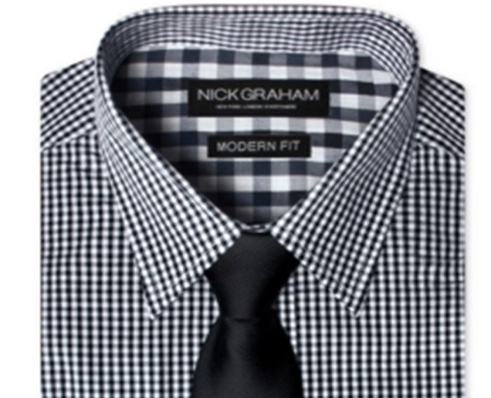 Nick Graham Men's Modern Fitted Gingham Dress Shirt & Dot Tie Set Black Size XX-Large
